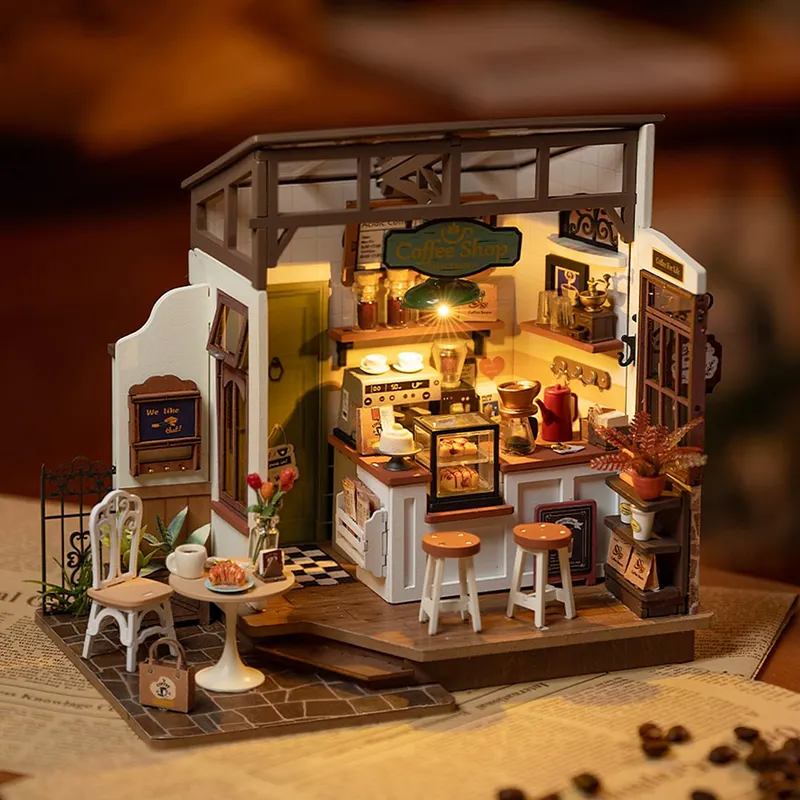 روبوتايم رولايف مجموعة مصنوعة يدويا DG162 slow life مقهى منزل لغز خشبي 3d بيت عروسة مصغر