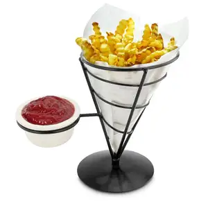 Stainless steel French Fry Stand French Fry Chips Spiral Cone Basket Holder for Fries Fish and Chips and Sauce Dippers