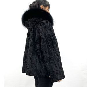Veste d'hiver pour femme de luxe décontractée de haute qualité, avec garniture en fourrure de renard, en véritable peau de mouton <span class=keywords><strong>Karakul</strong></span>, à capuche, réversible, en polyester ciselé, ODM - Product Image 4