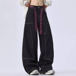 Vaqueros Negros de Pierna Ancha Estilo Suelto, Unisex, para Primavera/Otoño, Estilo Urbano, Largos hasta el Suelo, Casuales, de Pierna Recta - Product Image 3