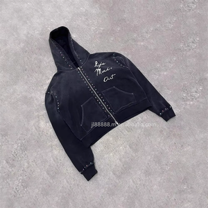 Blouson à capuche zippé intégral OEM pour homme, noir, en <span class=keywords><strong>molleton</strong></span> de coton 400 GSM, orné de strass, coupe ample, style streetwear, personnalisable, fabrication sur mesure - Product Image 1
