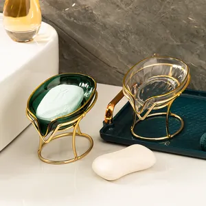 2024 Modern Home Color Bathroom Drainage-Free Perforated Leaf Shape Soap Holder Soap Dish With Metal Stand