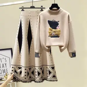 Original creative printed lady's head pattern pullover color block diamond knitted skirt fashion elegant two-piece set for women