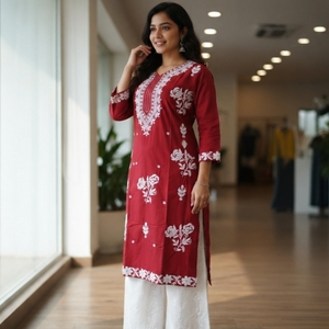 Conjunto de Kurta de Algodón Rojo Bordado de Diseñador para Mujer, Ropa Étnica, Kurti Recto, Traje Palazzo, Vestido Tradicional - Product Image 4