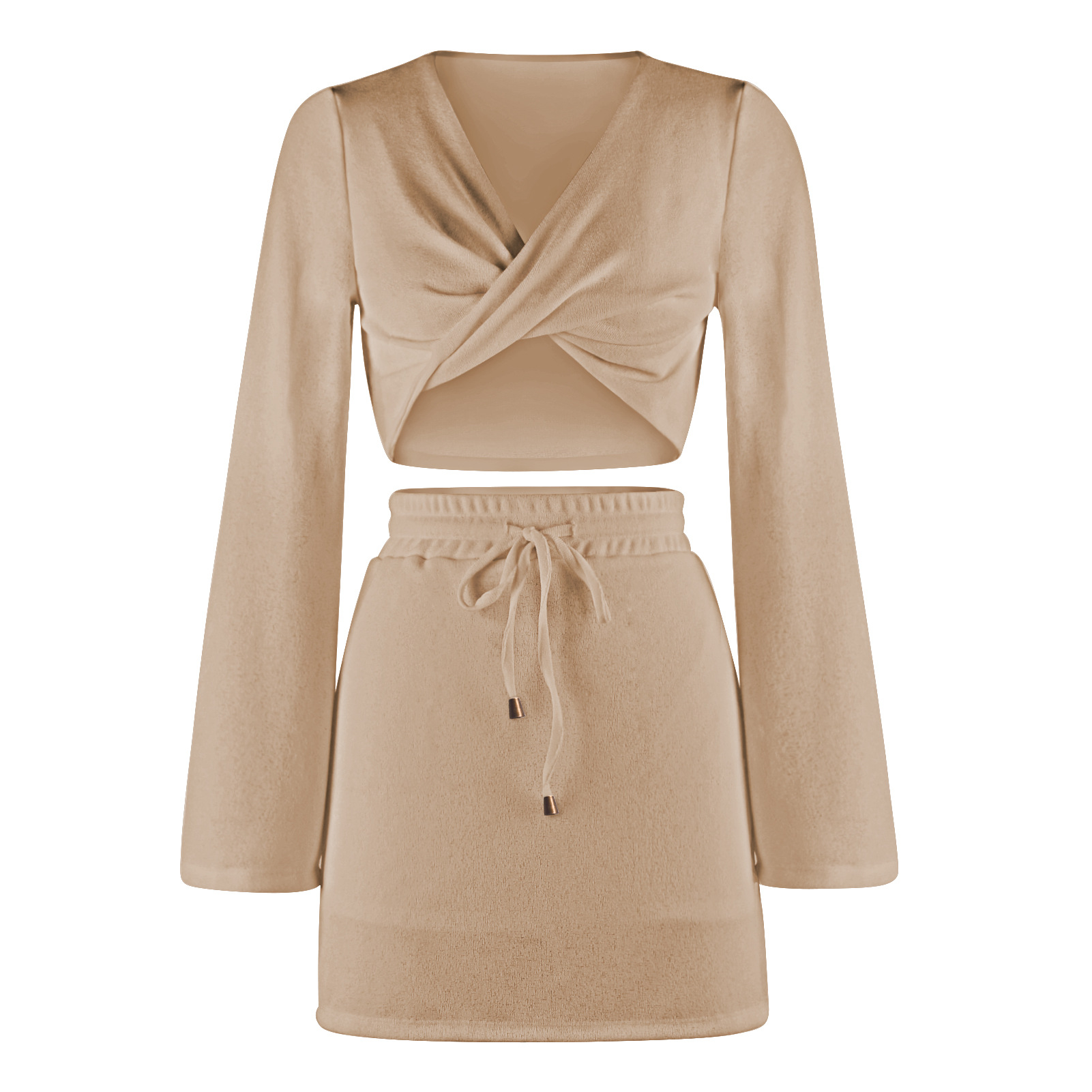 Manufacturer Autumn hot selling weave two pieces set  long trumpet sleeves tangle up deep-V collar solid crop top and mini skirt