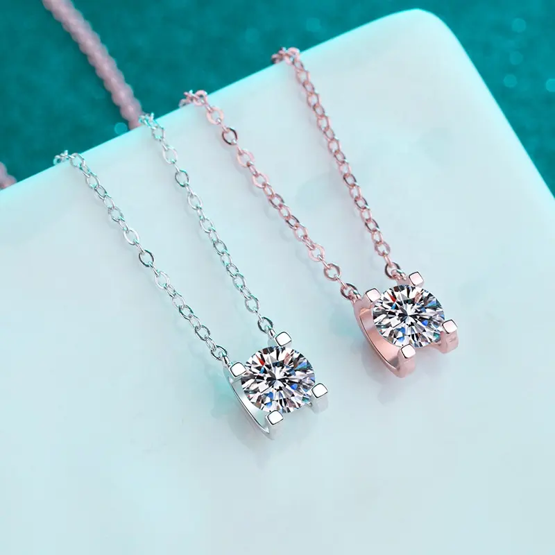 1CT 2CT 925 Sterling Silver 18K Rose Gold Plated Fashion Jewelry Choker VVS Moissanite Pendant Necklace