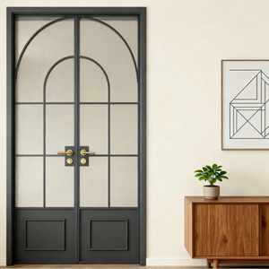 Porte d'entrée intérieure en fer forgé de style rétro, couleur blanc et noir, avec des arches en verre françaises - Product Image 1