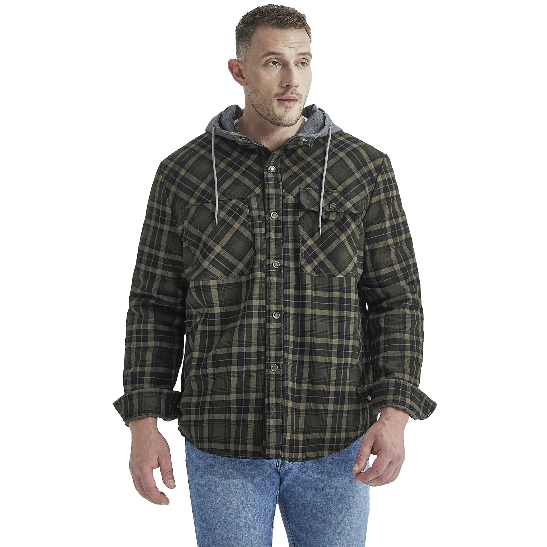 EUA tamanho jaqueta camisa xadrez com veludo adicionado grande tamanho inverno windproof e quente camisa com capuz casaco de algodão puro