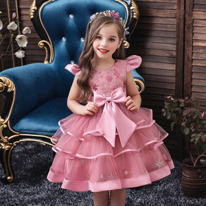 Girls Princess Dress Pink Tulle A-Line O-Neck Big Bow Cake Skirt For Children Performance Flower Girl Dress - Product Image 2