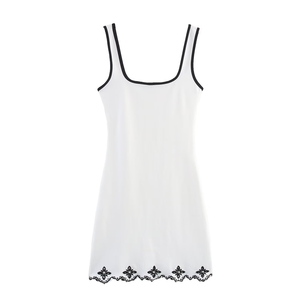 Vestidos con Ribete en Contraste Blanco y Negro, Cuello Cuadrado, Tirantes Anchos, Sin Mangas, Bordado Floral, Lino, Mini, Elegante, Casual - Product Image 2