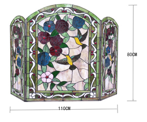 Paravent de cheminée en vitrail, 3 panneaux, motif floral, verre décoratif traditionnel, pour salon, autoportant, forme cathédrale - Product Image 6