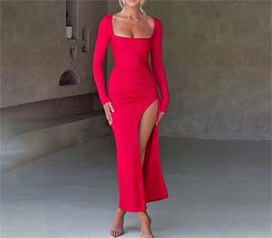 Elbise seksi mizaç kare yaka yarık uzun kollu tasarım uzun elbise - Product Image 5