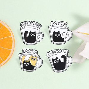 Pin Esmaltado de Gato Negro con Taza de Café, Diseño Americano, Latte, Mocha, Cappuccino, Broche de Gatito para Decoración de Mochila - Product Image 1