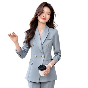 Women's Suit Set Light Blue Double Breasted Jacket Pants Formal Wear Spring Anti-Wrinkle Notched Collar Full Sleeve - Product Image 5