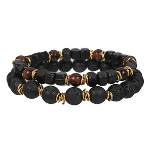 Ensemble de bracelets pour hommes 2 pièces Couples Distance Black Natural Lava Tiger Eyes Agate Stone Beads Bracelet Set