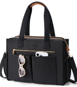 Borsa Tote in Tela Nera Personalizzata Royal Fair con Tasche Esterne Multiple, Grande Borsa per Laptop, Borsa a Tracolla per Donne - Product Image 1