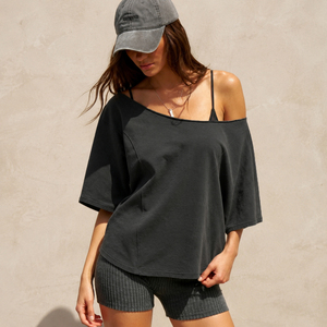 Camiseta de Verano 2026 para Mujer, Color Gris, Hombros Descubiertos, Corte Holgado, Manga Corta, Cuello Asimétrico, para Uso Diario - Product Image 5