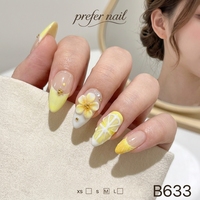 Ensemble de faux ongles en amande faits à la main B633, motifs floraux, citron et pois dorés, pour doigts