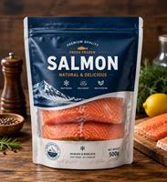 Vacumeerzak voor diepvries zalm, staande uitvoering, food grade, driezijdig geseald, visverpakkingszak