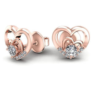 Boucles d'oreilles en forme de cœur en or rose avec sertissage à griffes de diamants ronds pour femmes, bijoux de mariage, boucles d'oreilles fines - Product Image 1