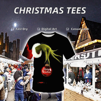 T-shirt pour homme à manches courtes avec logo imprimé en 3D sur le devant, motif Grinch tenant une décoration de Noël, coupe classique, col rond, décontracté, festif, 320g