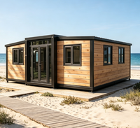 Cabane de plage préfabriquée, maison modulaire en bois, structure noire, chalet en bord de mer, maison de vacances, installation rapide, station balnéaire