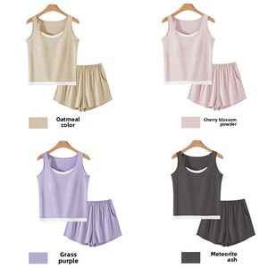 Completo da <span class=keywords><strong>donna</strong></span> in cotone e modal: canotta e pantaloncini traspiranti, senza maniche, due pezzi, estivo, leggero, sportivo, multicolore, per il tempo libero - Product Image 3
