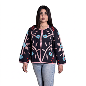 Cotton Suzani Quilted Jacket Indian Embroidery Breathable Eco-Friendly <b>Women's</b> Unisex Regular <b>Coat</b> Stand <b>Velvet</b> Shell Blazer - Product Image 1