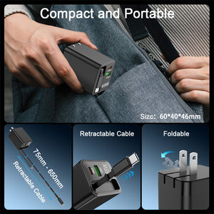 Adaptateur de chargeur de voyage Schitec 65W, prise américaine pliable, 65W 45W 36W 20W 15W, chargeur mural rétractable réglable avec câble intégré - Product Image 5