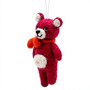 Handmade Eco-Friendly 100% Certified Wool Traditional Red Felt Bear Christmas Ornament Orange Ribbon Wall Hanging Garland - Product Image 4