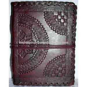 Cuaderno de cuero con cierre de hilo de punto lateral de círculo medio redondo en relieve genuino al por mayor - Product Image 1