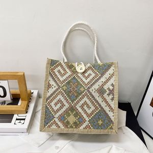 Bolsa de Almuerzo de Lona Estilo Étnico para Mujer, Bolso Tejido a Rayas, Bolsa de Mano Portátil Tipo Bento para Oficina, Picnic al Aire Libre - Product Image 3