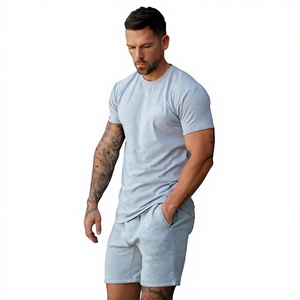 Camiseta de Manga Corta para Hombre, Corte Ajustado, Cuello Redondo, Color Gris Sólido, Algodón Jersey, Informal, Transpirable, Diseño Liso Teñido - Product Image 3