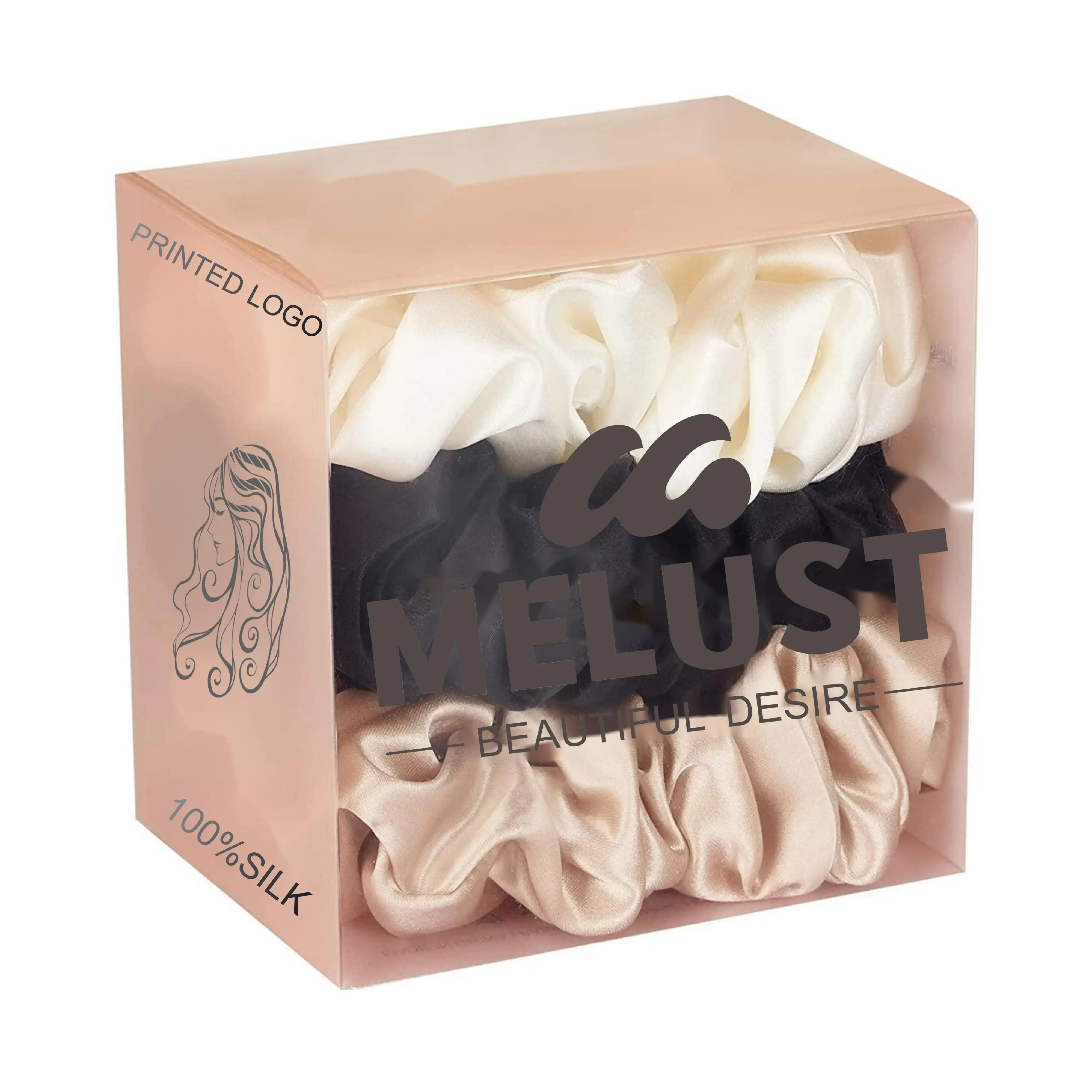 Wholesale designer custom packaging box ponytail soft elastic hair scrunchies Non-toxic 22 momme silk scrunchie for women