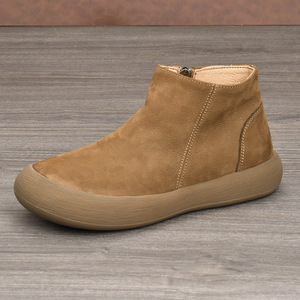 Ankle Bootie Genuine Leather <b>Round</b> <b>Toe</b> Chunky <b>Heel</b> Height Increasing Retro Style Rubber Outsole Solid Color - Product Image 2