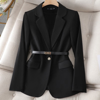 Jas Wanita Model Blazer Lengan Panjang dengan Sabuk, Jaket Kantor Wanita Warna Solid, Atasan Jas Kerah Lipat V-neck, Mantel Elegan