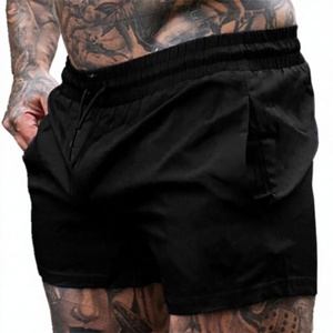 <b>Men's</b> Black Mid Waist Polyester <b>Shorts</b> with <b>Red</b> Drawstring Breathable Quick Dry Casual Gym Wear Logo on Front - Product Image 1