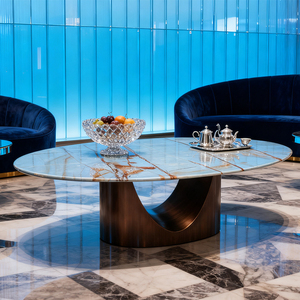 Bàn ăn hình oval chân kim loại mạ vàng hiện đại, bàn trà hình tròn oval mặt đá cẩm thạch cho nội thất gia đình - Product Image 4