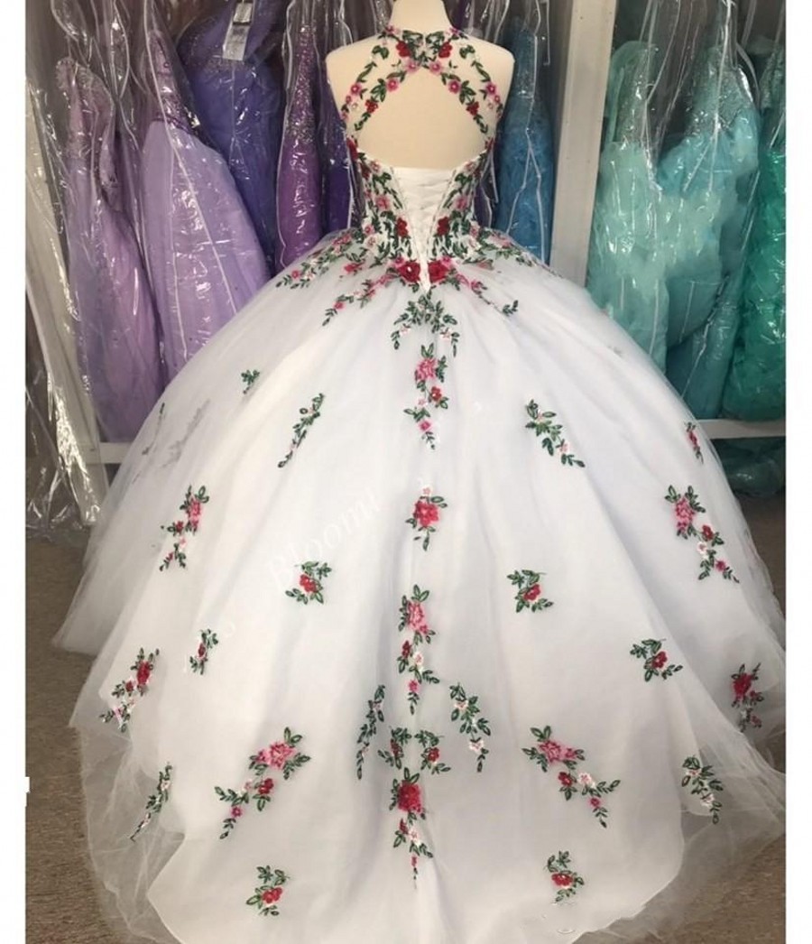 Shop QD1572 White Ball Gown Quinceanera Dresses with Embroidery Flowers