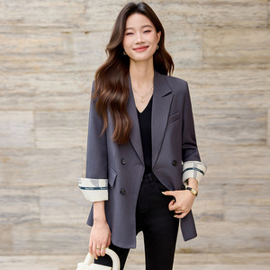 Women's Grey Blazer With Turn Up Sleeve Solid Color Polyester Anti-Wrinkle Professional Casual Commuting Top - Product Image 3