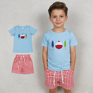 ชุดเสื้อยืดและกางเกงขาสั้นเด็กผู้ชายลายพิมพ์ธีมตกปลา ผ้าฝ้ายออร์แกนิค สำหรับฤดูร้อน ขายส่ง ชุด 2 ชิ้น - Product Image 1