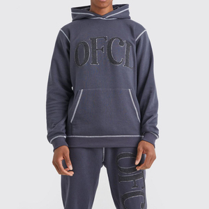 Men's Gray Hooded Sweatshirt Set With Embroidered OFCL Logo Pocket Regular Fit Casual Autumn Wear - Product Image 2