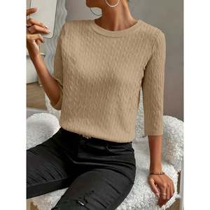 Pull côtelé à manches trois quarts pour femme, jaune, taille [taille à préciser], haut en tricot, vêtement décontracté - Product Image 2