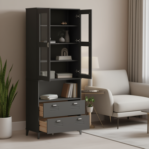 Anthracite Grey Highboard Living Room Cabinet 2 <b>Drawers</b> 4 Shelves Modern Design <b>Storage</b> Furniture - Product Image 2