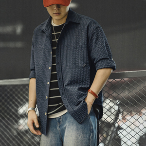 Chemise Maden pour <span class=keywords><strong>homme</strong></span> en seersucker à <span class=keywords><strong>carreaux</strong></span>, style vintage, en gaze texturée, patchwork vieilli, col contrastant, <span class=keywords><strong>surchemise</strong></span> printemps RTS - Product Image 2