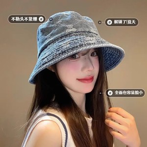 Retro Washed Denim Bucket <b>Hat</b> For Women Blue Light Blue Black Spring <b>Summer</b> Sun Protection Breathable Outdoor Fishermans <b>Hat</b> - Product Image 3