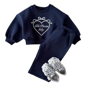 Nouvel ensemble printemps-automne 2025 pour enfants : sweat à capuche brodé en toile avec motif cœur, col rond, pour garçons et filles, deux pièces - Product Image 3