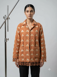Bohemian Hand Block Printed <b>Fringed</b> <b>Jacket</b> for Women Stylish Ethnic Open Front Cotton Layering <b>Jacket</b> with Tassel Detail - Product Image 2