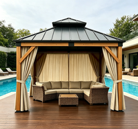 Gazebo d'extérieur en bois de cèdre avec toit rigide, rideaux latéraux, toit en métal à double niveau imperméable, auvent de terrasse pour balcon