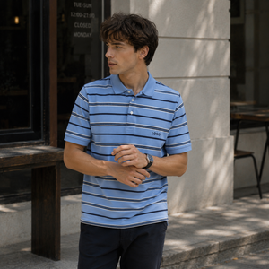 Men's Blue Striped Cotton Polo <b>Shirt</b> Short Sleeve Casual Breathable Oxford Front Logo Design - Product Image 1